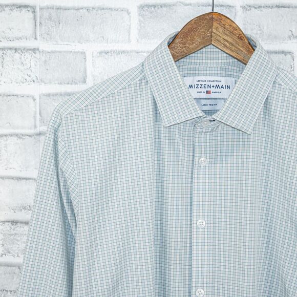 MIZZEN + MAIN collection Men's Trim Fit Button front Shirt light blue grid sz L - Picture 5 of 5